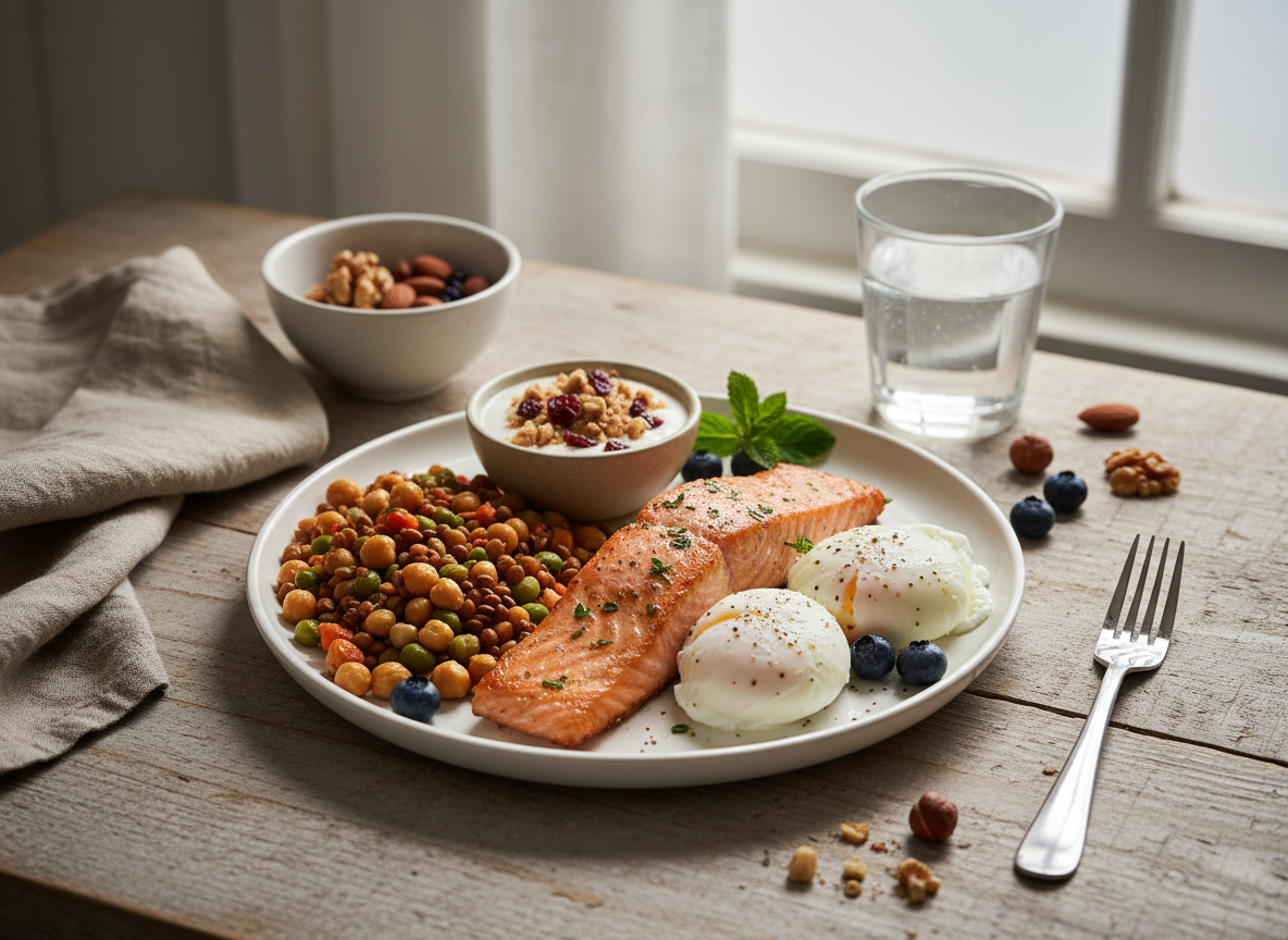 Fotografía editorial cálida de un plato saludable con salmón, huevos, legumbres, yogur griego y frutos secos sobre una mesa de madera clara, luz natural suave, estética de nutrición y bienestar para adultos maduros