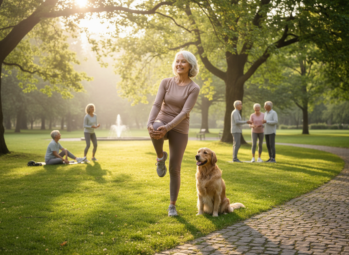 Photorealistic image of an active senior woman in her 60s stretching her knee outdoors in a park during morning light, gentle mobility exercise, healthy joints and wellness theme, warm natural lighting, cozy and encouraging mood
