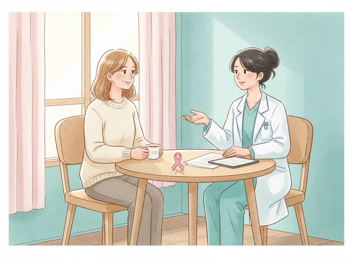 Mujer conversando con su médica en una consulta sobre prevención del cáncer de mama