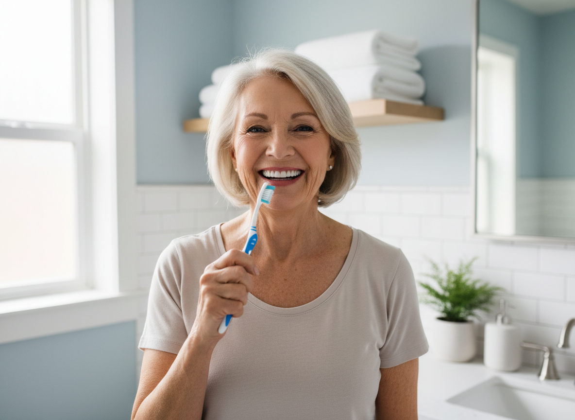 Mujer mayor sonriendo con un cepillo de dientes en un cuarto de baño luminoso